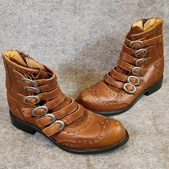 John Fluevog Womens 6 Multi-Strap Buckle Brogue Ankle Boots Caramel Leather - Picture 14 of 14